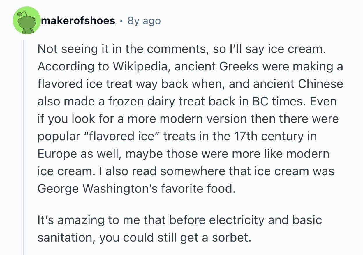 Paragraph detailing the ancient history of ice cream and sorbet inventions not modern.