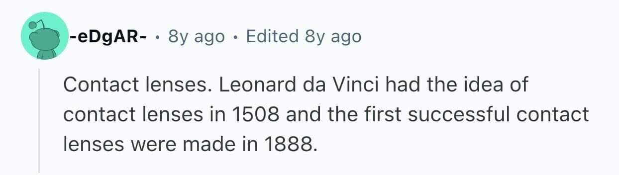 Post regarding Leonardo da Vinci's 1508 concept for contact lenses historical inventions.