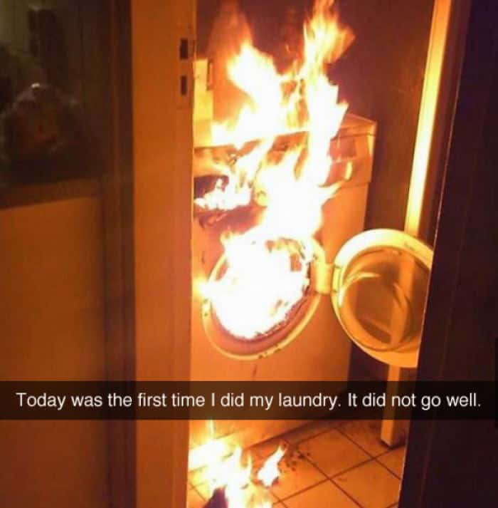 Laundry fail showing a washing machine on fire after the first use