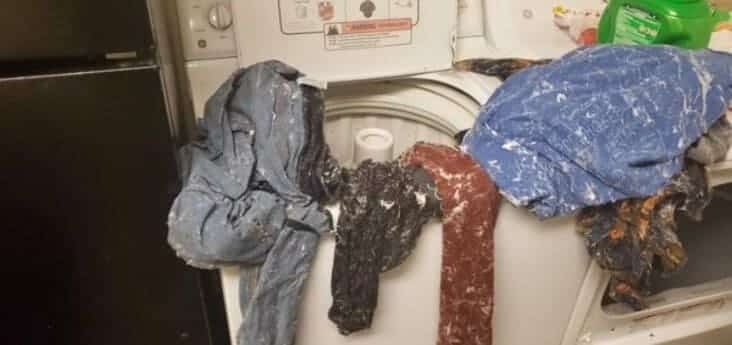 Laundry fail involving a purple toy horse disintegrating in the washer