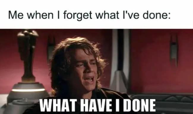 Anakin Skywalker captioned "WHAT HAVE I DONE," perfectly illustrating the phrase "Me when I forget what I've done."