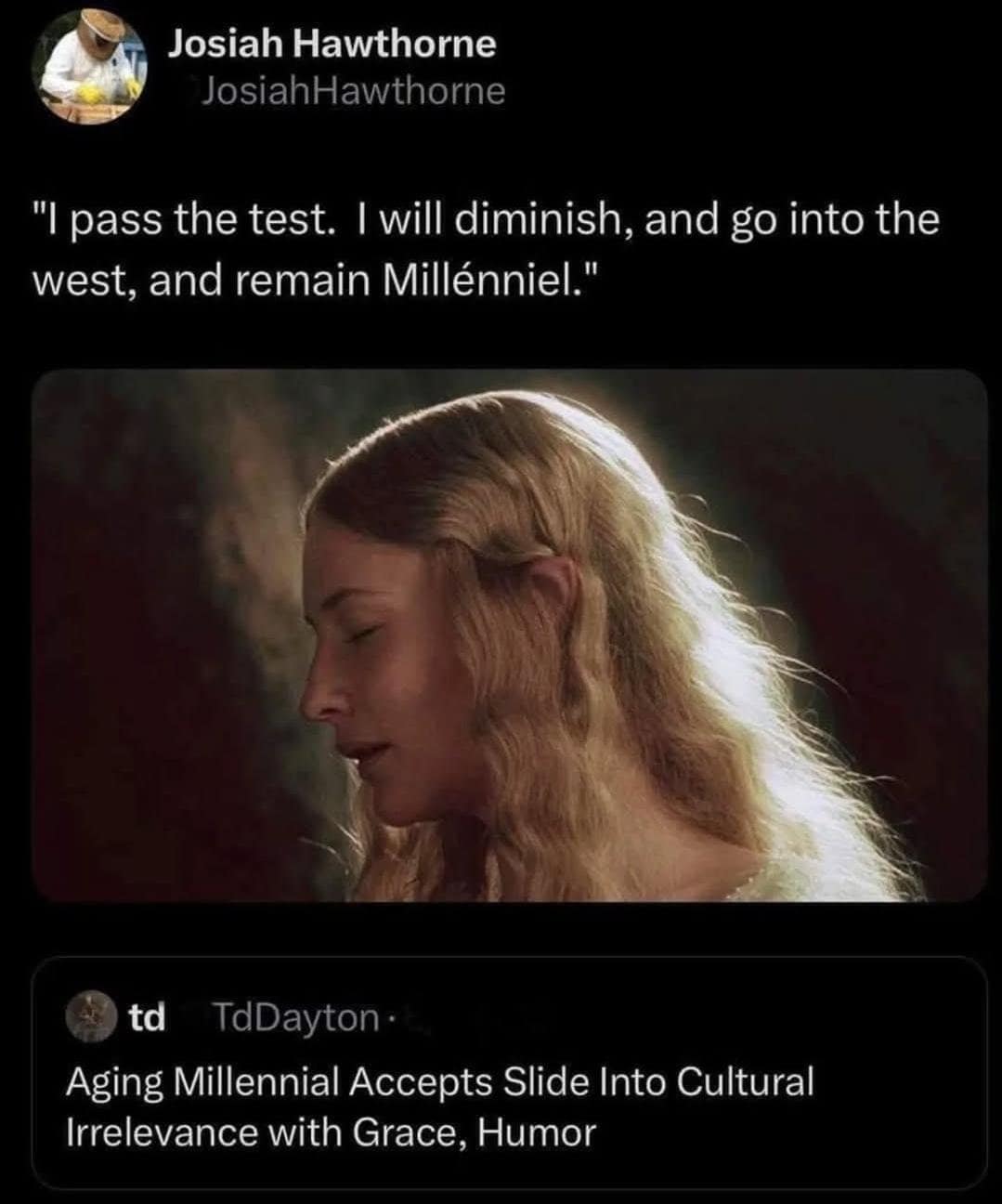 A LoTR meme and viral tweet showing a pun on Galadriel's "remain Millennial" quote, about aging.