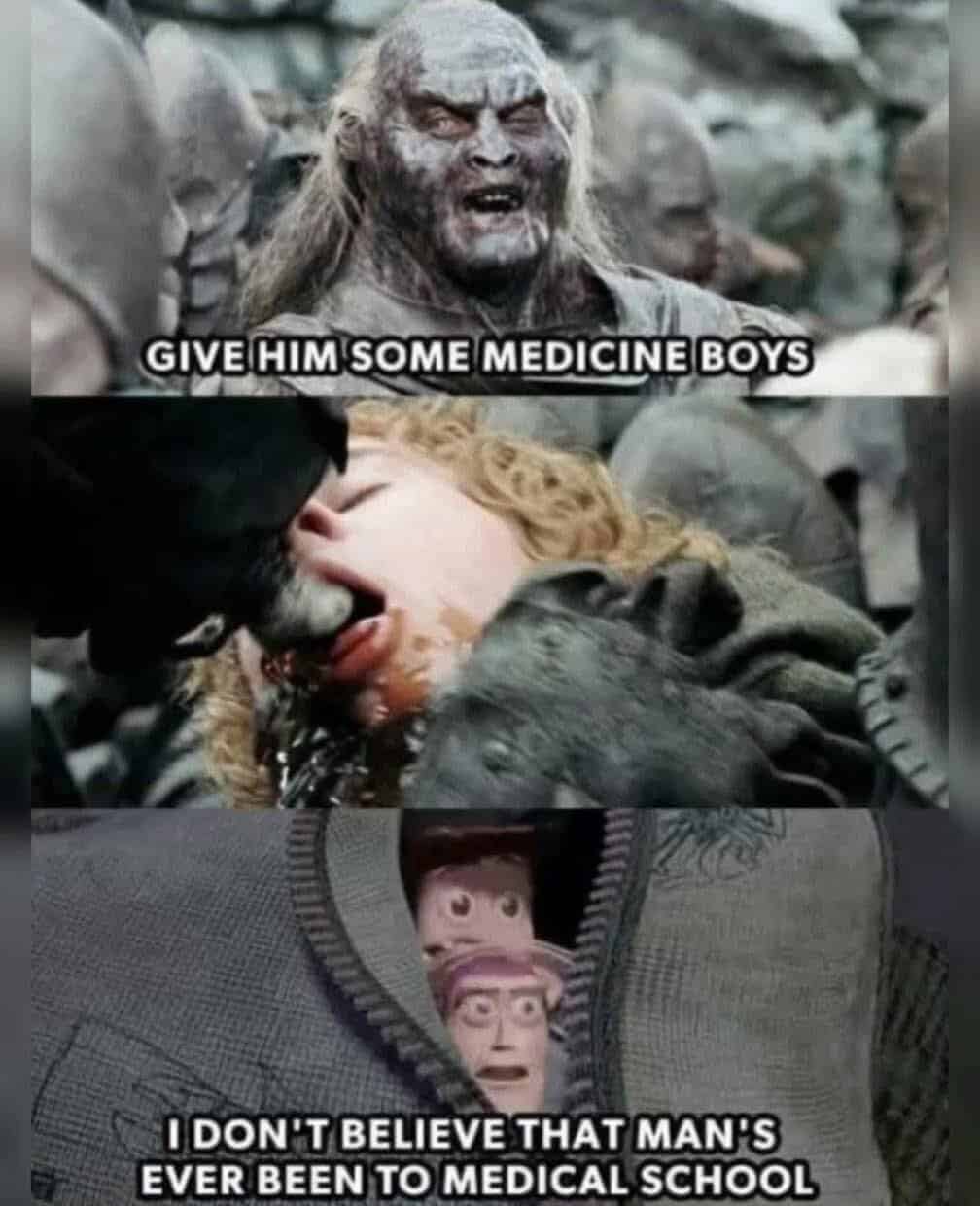 A LoTR meme and Toy Story crossover, where Buzz Lightyear reacts to the Uruk-hai "medicine" given to the hobbit.