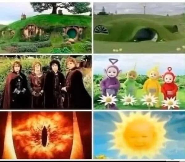 Funny conspiracy meme comparing "Lord of the Rings" (Hobbiton, Fellowship, Eye of Sauron) to "Teletubbies" (house, Teletubbies, baby sun).
