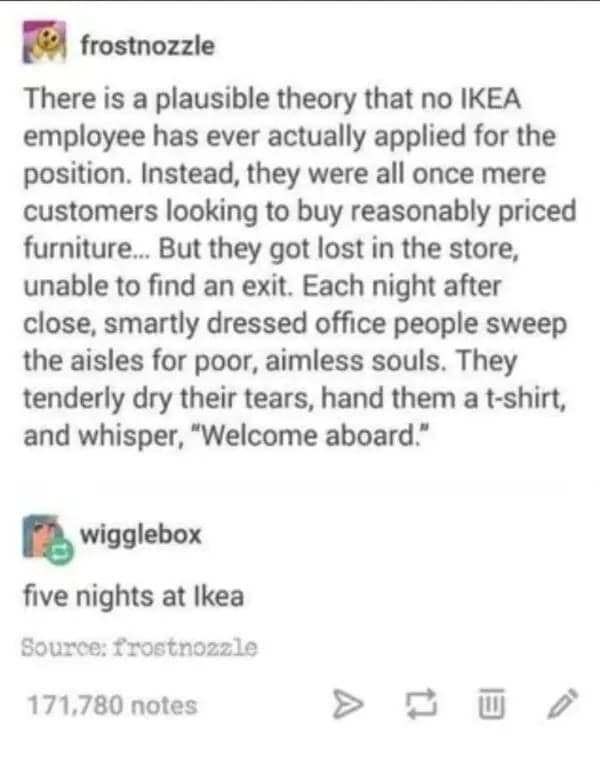A funny Tumblr post theorizing IKEA employees are just lost customers, with a "Five Nights at Ikea" reply.