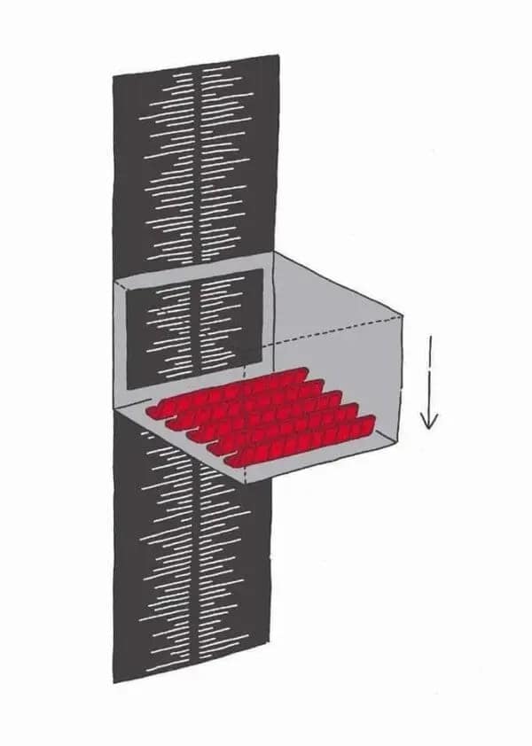 A diagram illustrating the "elevator theater" conspiracy, showing a theater box that moves up and down a vertical track.