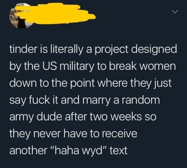 A funny tweet theorizing Tinder is a US military project to get women to "marry a random army dude."