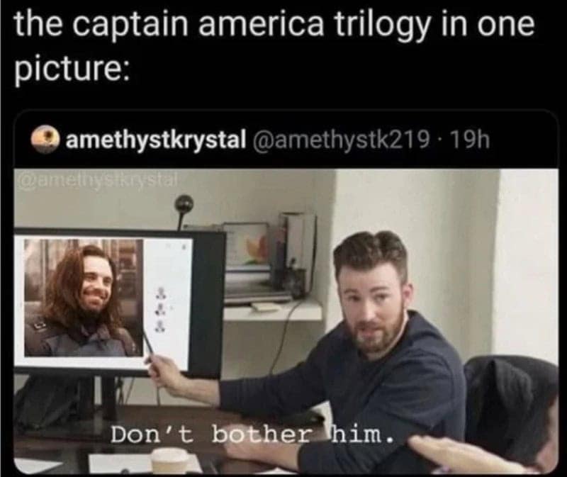 Funny meme of Chris Evans pointing to Bucky Barnes, captioned "Don't bother him," summarizing the Captain America trilogy.