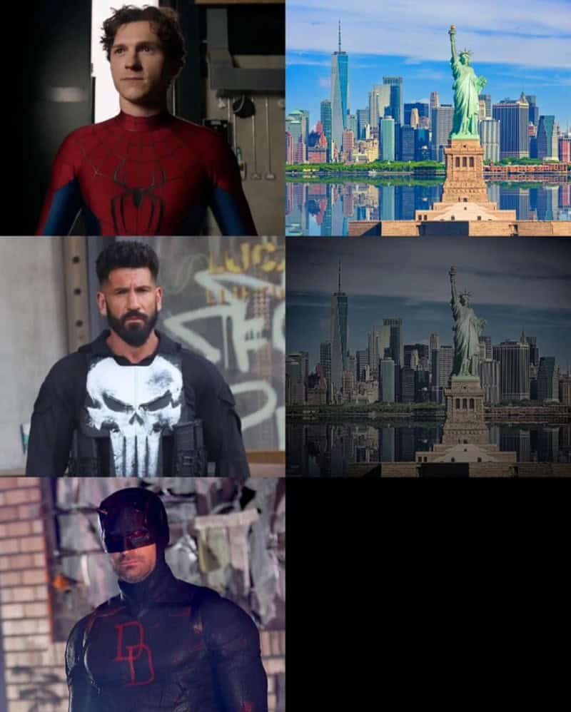 Funny Marvel meme showing different New York City filters for Spider-Man (sunny), Punisher (gritty), and Daredevil (pitch black).