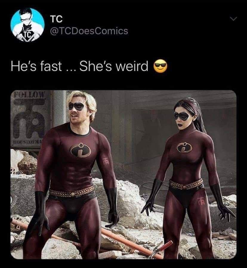 Funny Marvel fan art of Quicksilver and Scarlet Witch dressed as Dash and Violet from "The Incredibles."