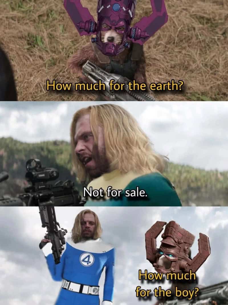Funny Marvel meme photoshopping Galactus and Fantastic 4 into a "Guardians of the Galaxy" scene.