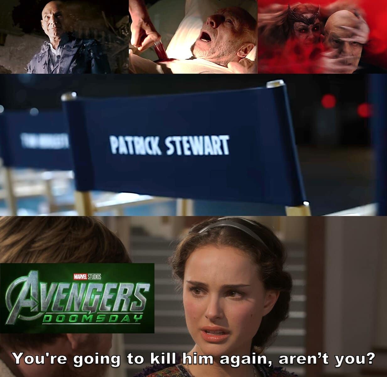 Funny Marvel meme showing Patrick Stewart's deaths, joking he'll be killed again in "Avengers: Doomsday."