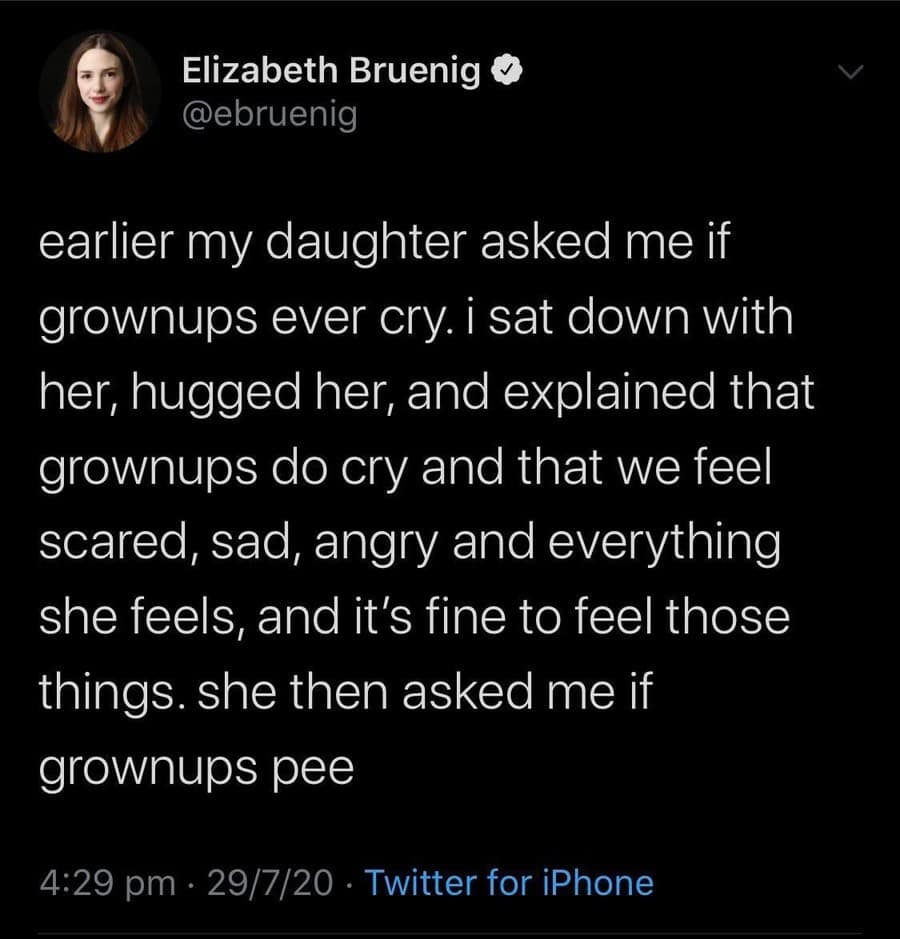 A hilarious meme of a viral tweet where a mom's deep talk with her daughter ends with the kid asking, "do grownups pee?"