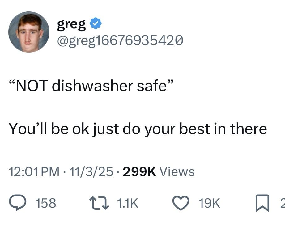 A hilarious meme from a viral tweet, personifying a "NOT dishwasher safe" item and giving it a pep talk.