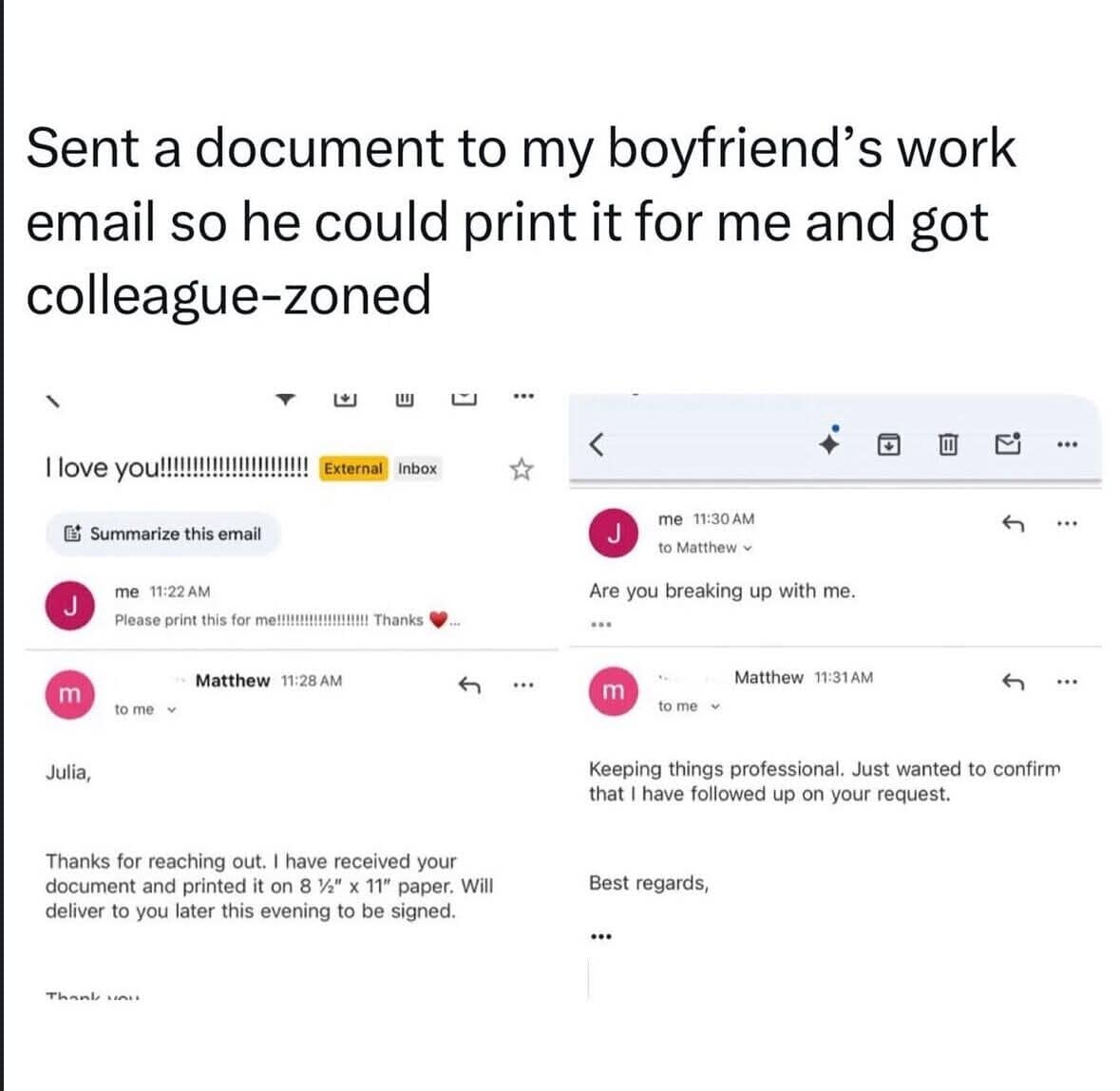 A hilarious meme of an email where a girlfriend gets "colleague-zoned" by her boyfriend with a "Best regards" email.