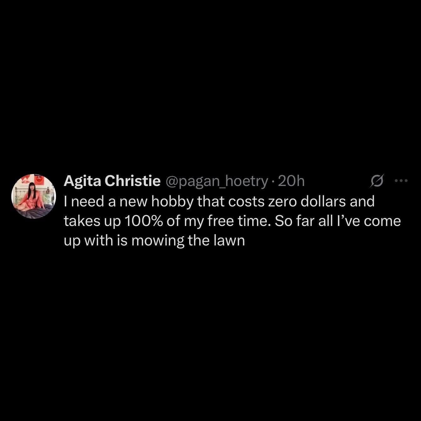 A hilarious meme from a viral tweet about needing a new hobby that costs zero dollars, like mowing the lawn