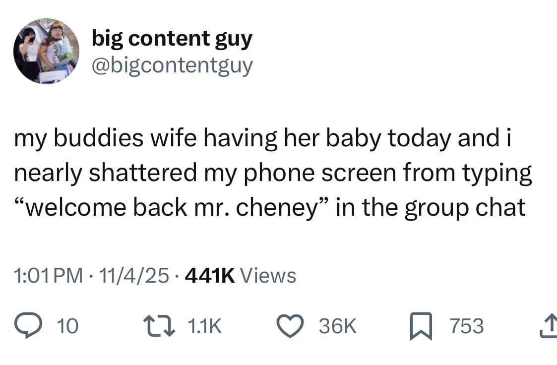 A hilarious meme and viral tweet joking about a friend's baby being the "reincarnation of Mr. Cheney."