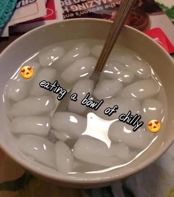 A hilarious meme of a bowl of ice water, captioned "eating a bowl of chilly" as a pun.