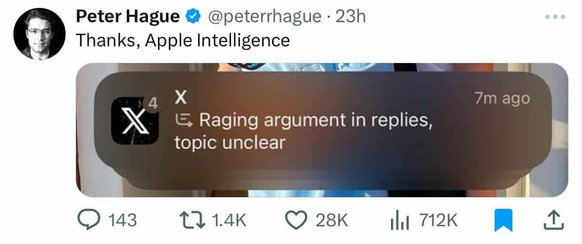 A hilarious meme from a viral tweet showing an Apple AI notification: "Raging argument in replies, topic unclear."