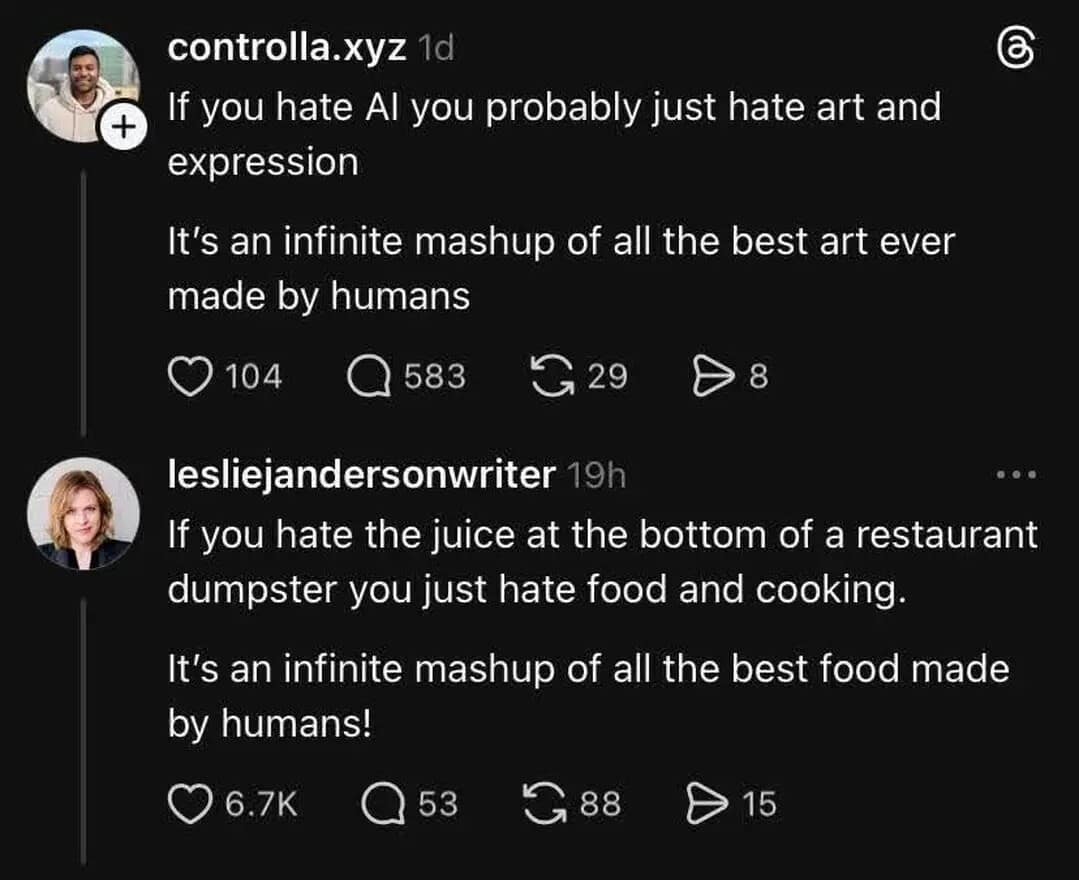 A hilarious meme and viral tweet that roasts "AI art" by comparing it to the "juice at the bottom of a restaurant dumpster."