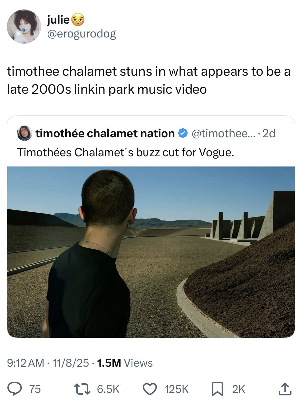 A hilarious meme and viral tweet roasting Timothée Chalamet's new buzz cut as looking like a "Linkin Park music video."