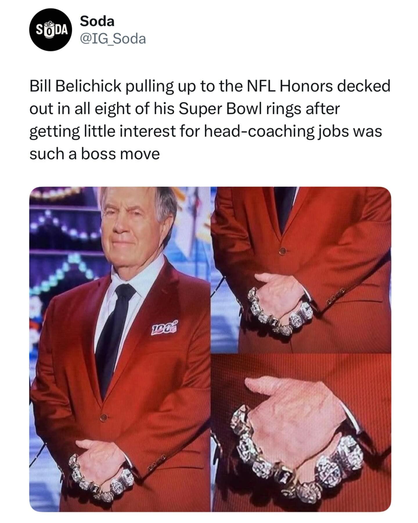 Hilarious meme showing Bill Belichick wearing eight Super Bowl rings