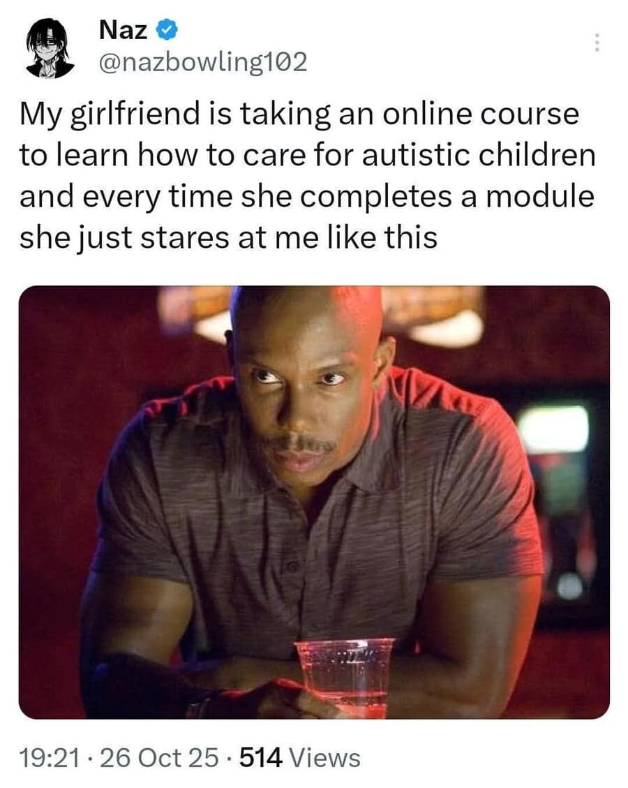 A funny meme from a viral tweet where a man's girlfriend stares at him suspiciously after her online course modules.