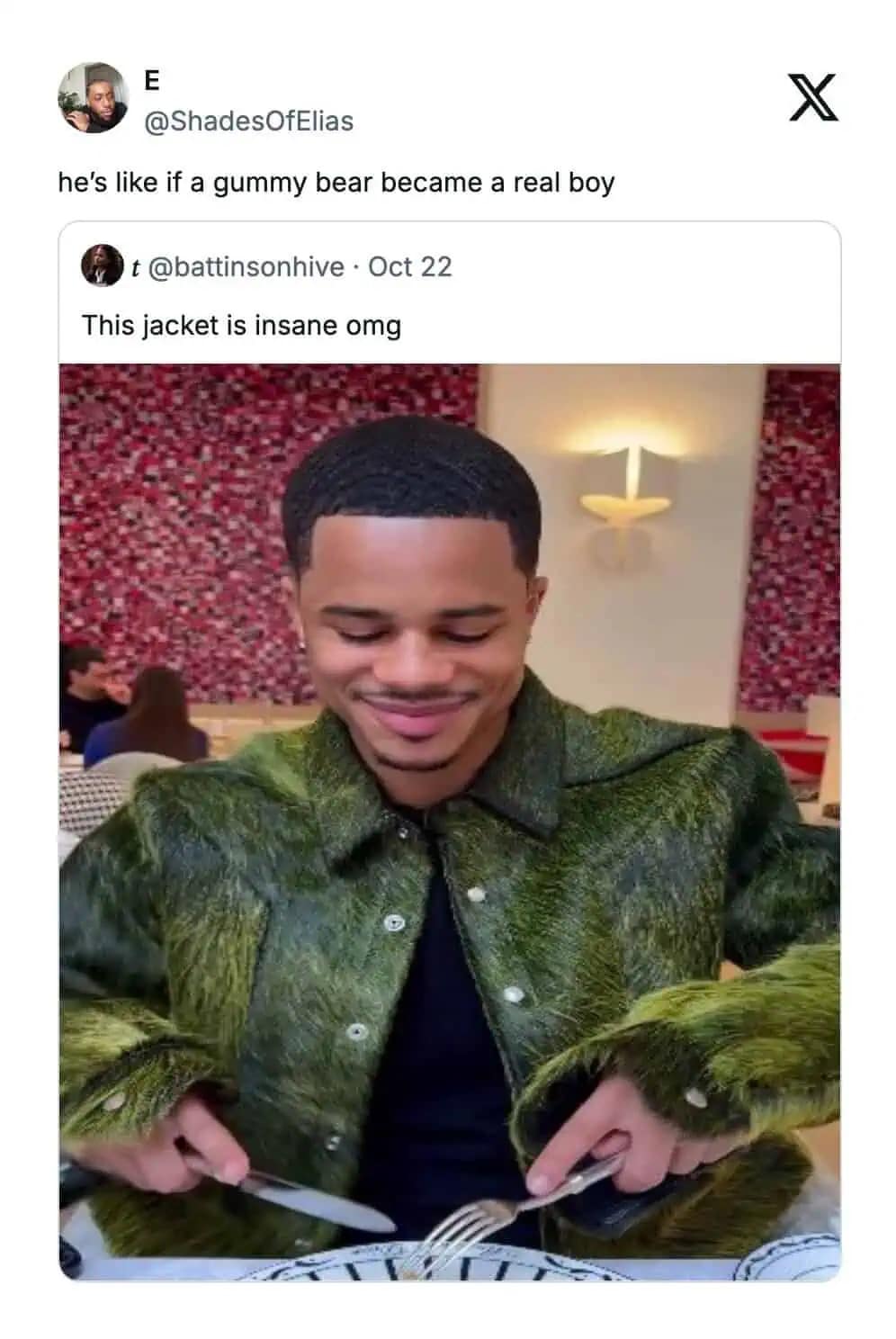 A funny meme dump tweet roasting a man in a fuzzy green jacket as "if a gummy bear became a real boy."