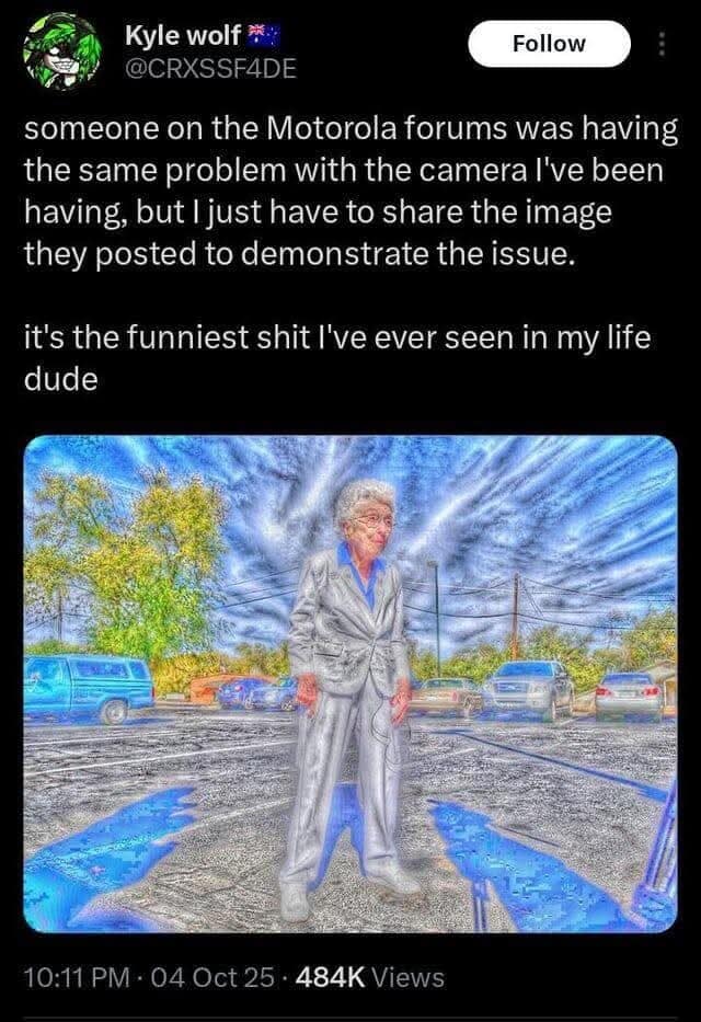 A funny meme and viral tweet showing a "cursed," "deep-fried" photo of an old woman, used to demonstrate a broken Motorola camera.