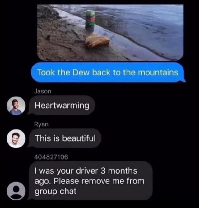 A hilarious meme of a group chat where an old driver is still in the chat: "please remove me."