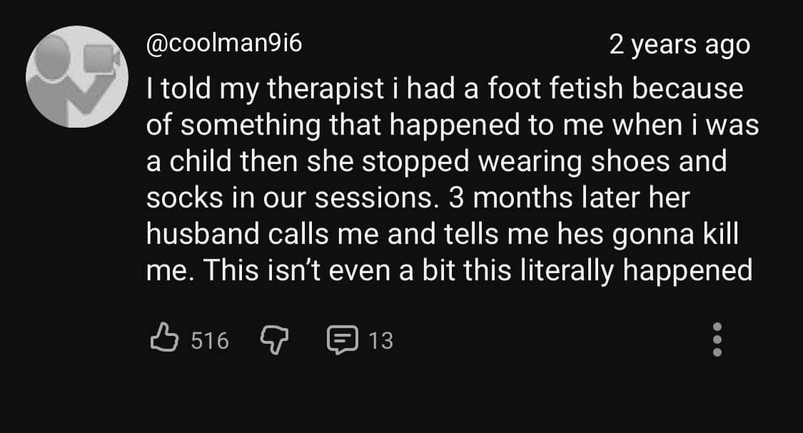 A hilarious meme of an insane YouTube comment about a therapist and her husband.
