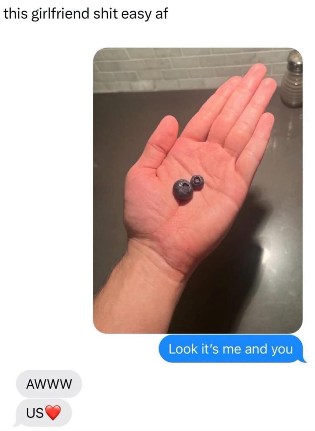 A funny meme text exchange where a guy sends two blueberries to his girlfriend, saying "it's me and you."