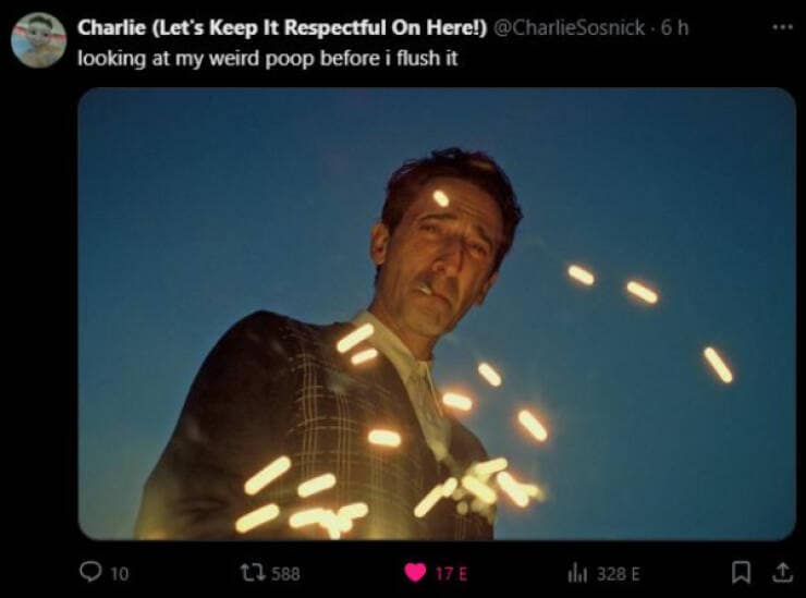 A funny meme and viral tweet using a "cursed" image of a man and sparklers to describe "looking at my weird poop before i flush it."