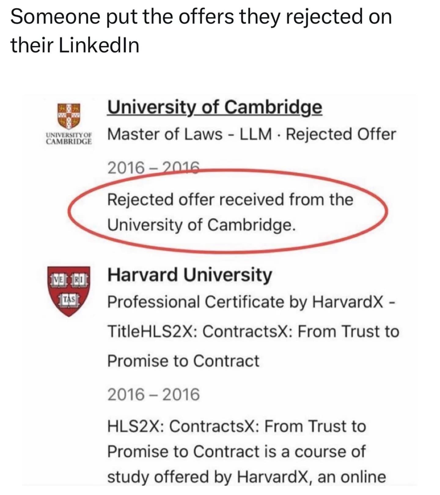 Hilarious meme about someone listing rejected university offers on LinkedIn
