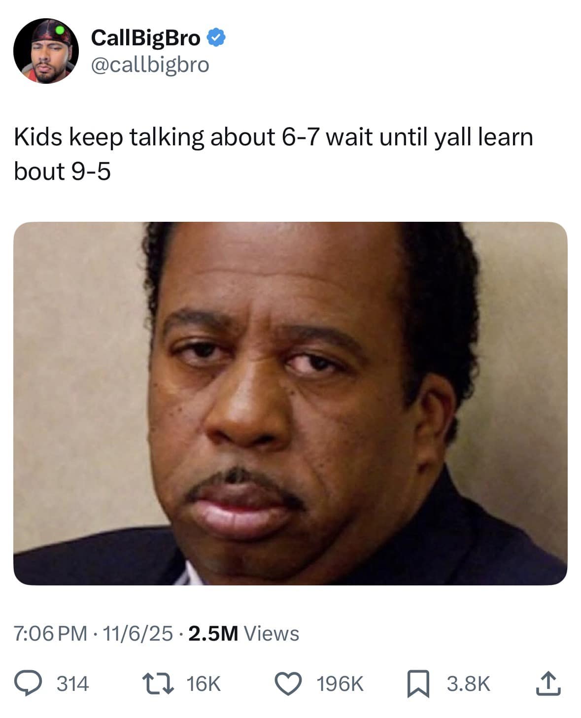 A funny meme from a viral tweet, using Stanley from The Office to compare "6-7" to the "9-5" grind.