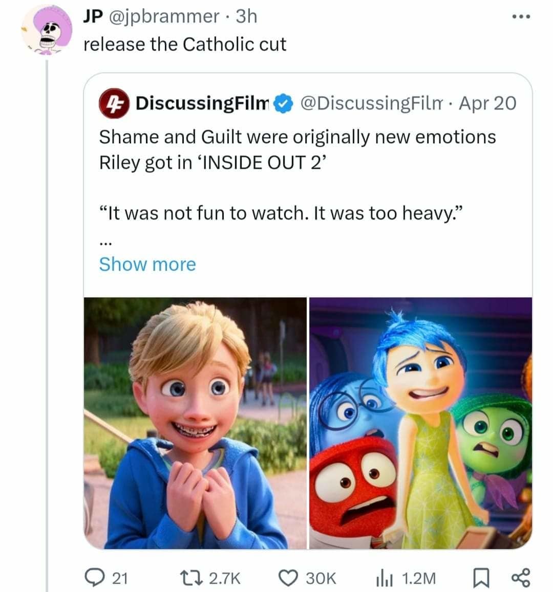 A hilarious meme and viral tweet joking "release the Catholic cut" of Inside Out 2 that includes "Shame and Guilt."