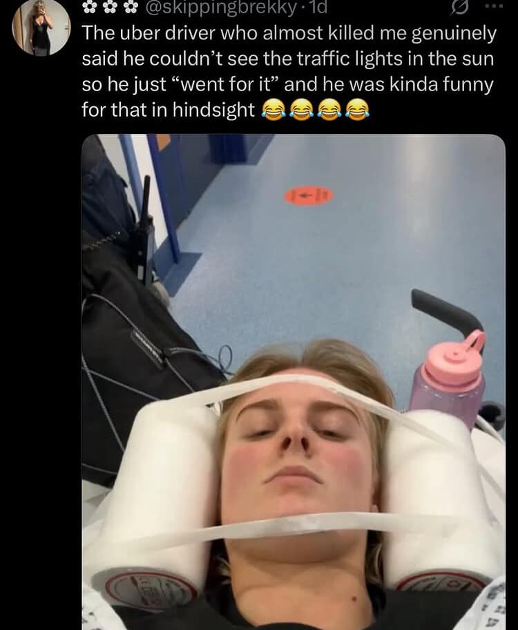 A funny meme and viral tweet of a woman in a "toilet paper" neck brace after a chaotic Uber ride.