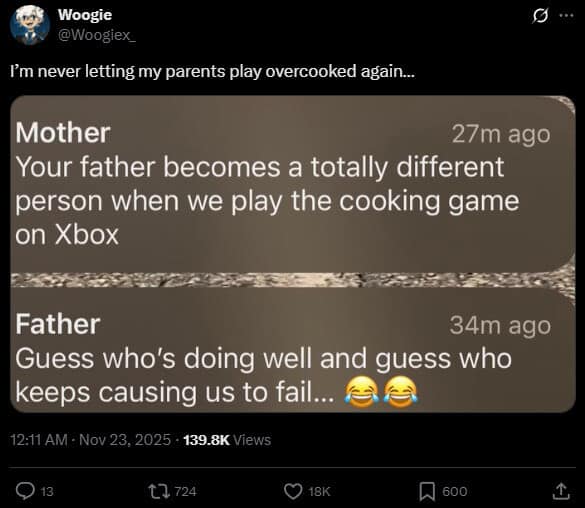 Funny meme text messages about parents playing the video game Overcooked