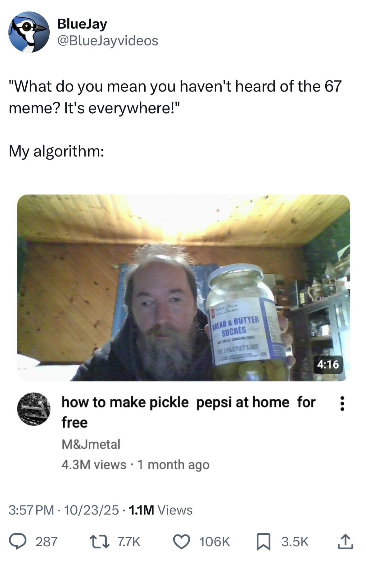 A funny meme from a viral tweet showing how algorithms miss trends and show "pickle pepsi" videos instead.