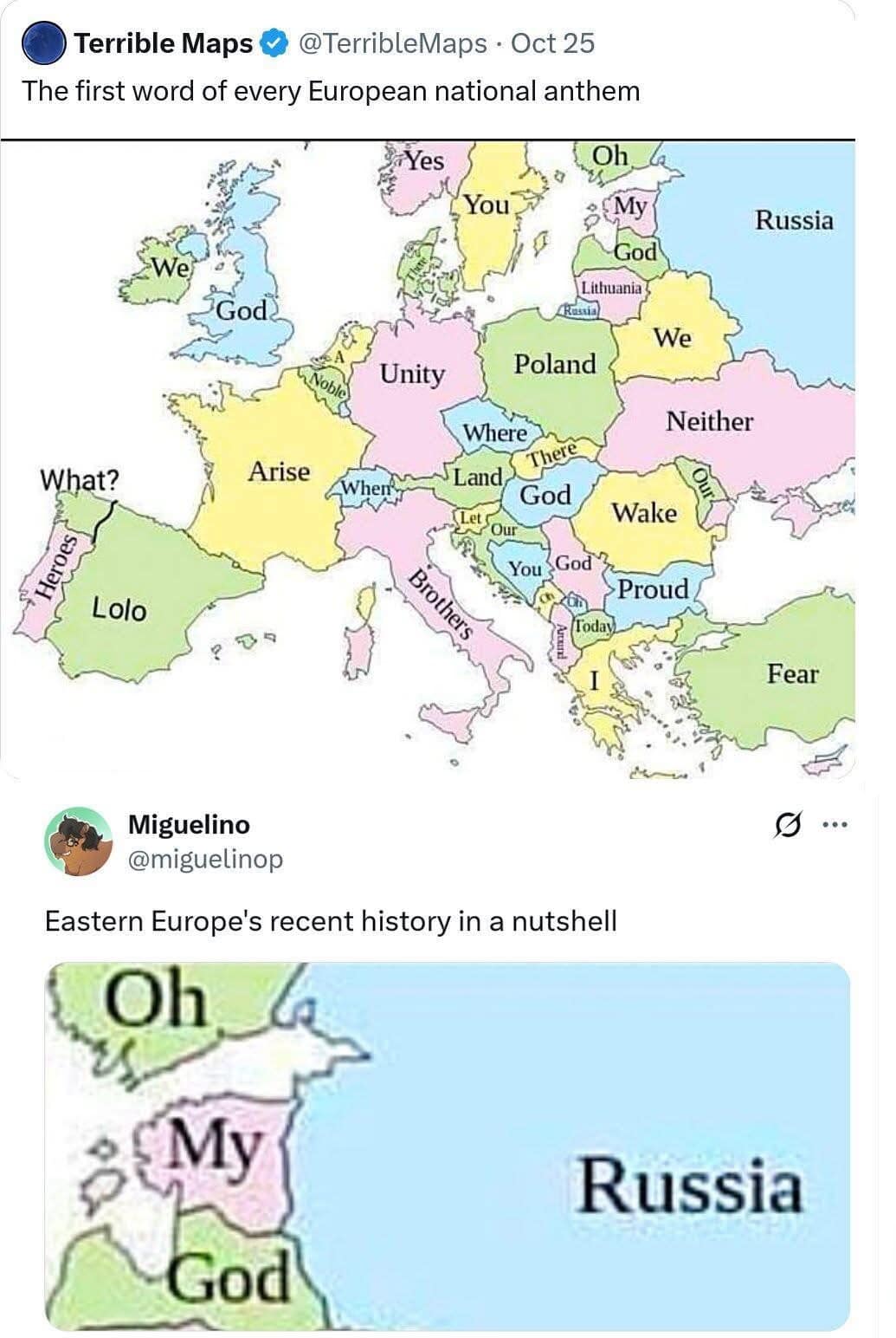 A funny meme from "Terrible Maps" showing the first word of every European anthem, with a hilarious zoom-in on Eastern Europe.