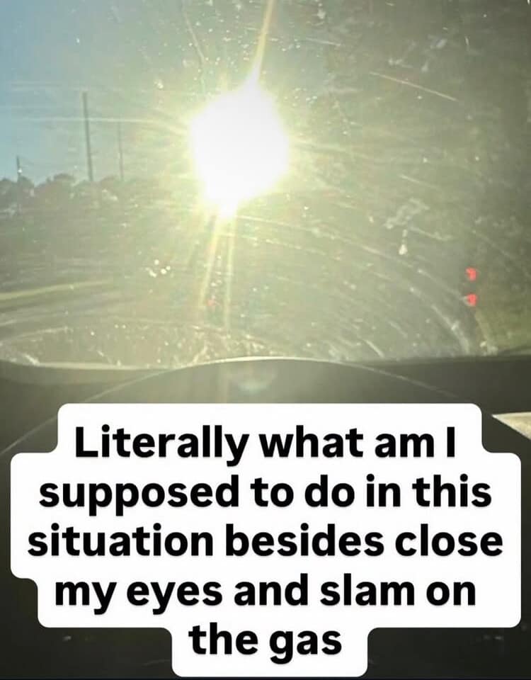 A funny meme of a driver blinded by the sun, joking about "closing my eyes and slamming on the gas."
