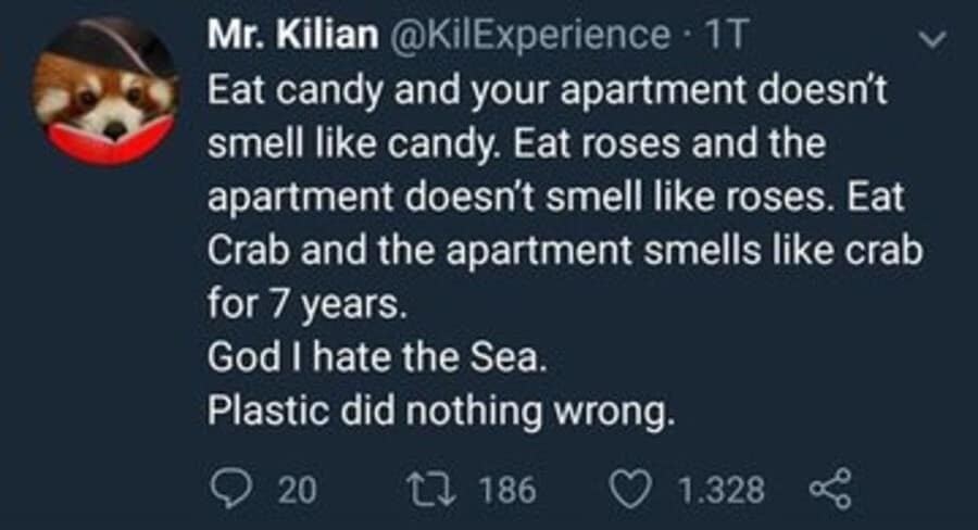 Funny meme tweet claiming plastic did nothing wrong regarding pollution