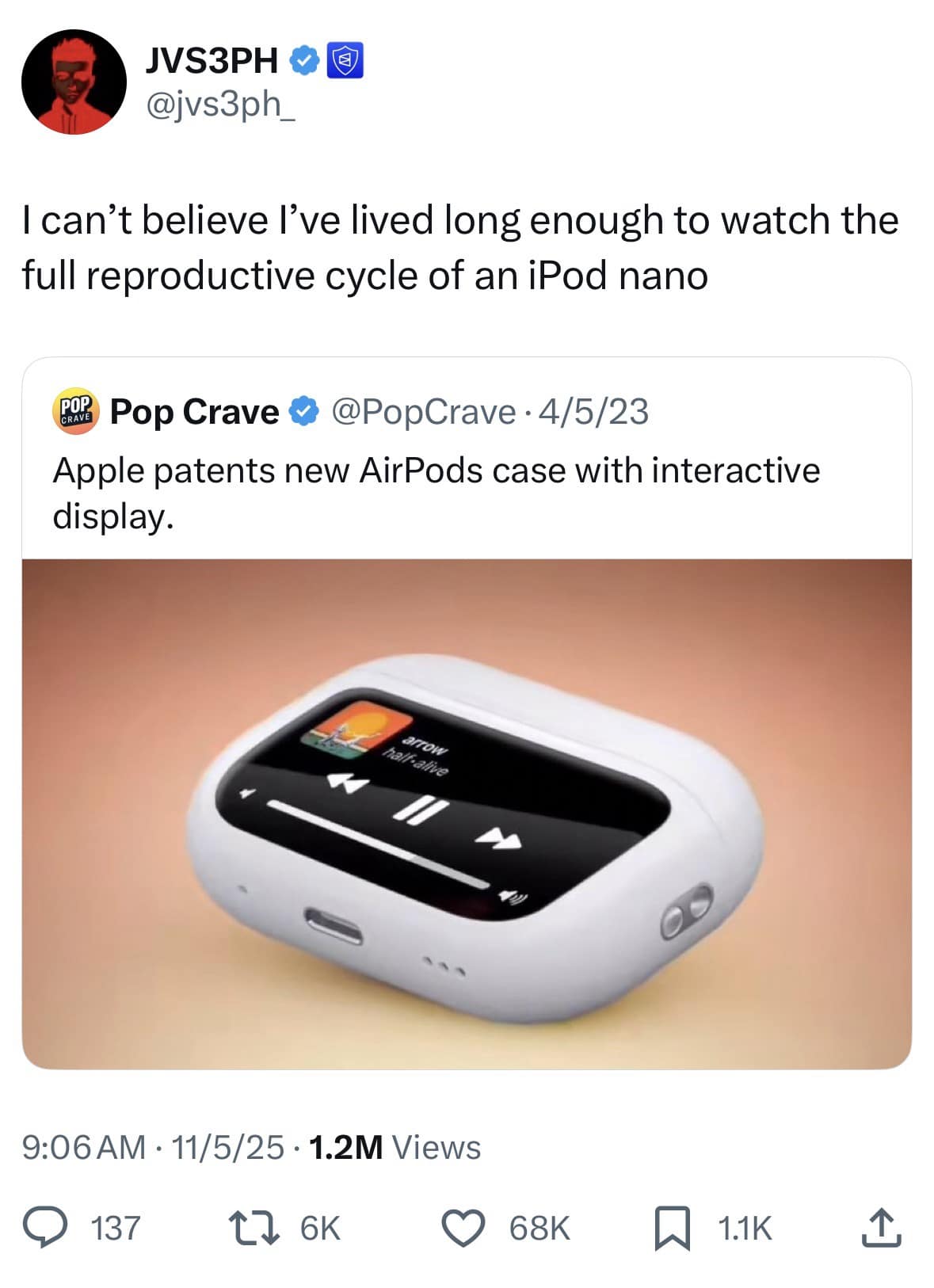 A funny meme from a viral tweet joking that the new AirPods case with a screen is the "full reproductive cycle of an iPod nano."