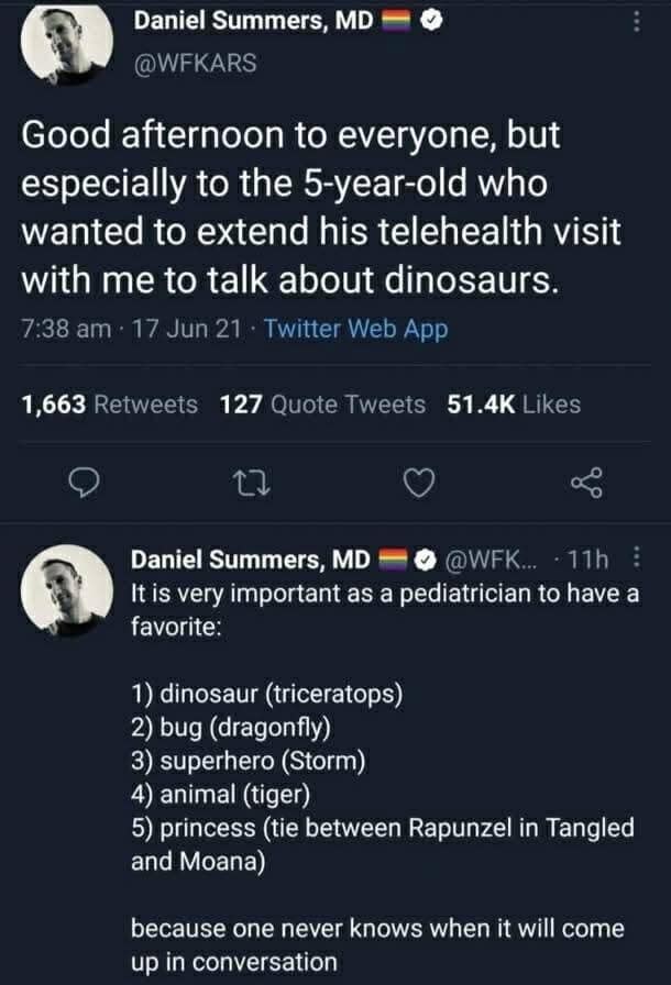 A funny meme and wholesome viral tweet from a pediatrician who has a "favorite dinosaur" list (Triceratops) for his patients.
