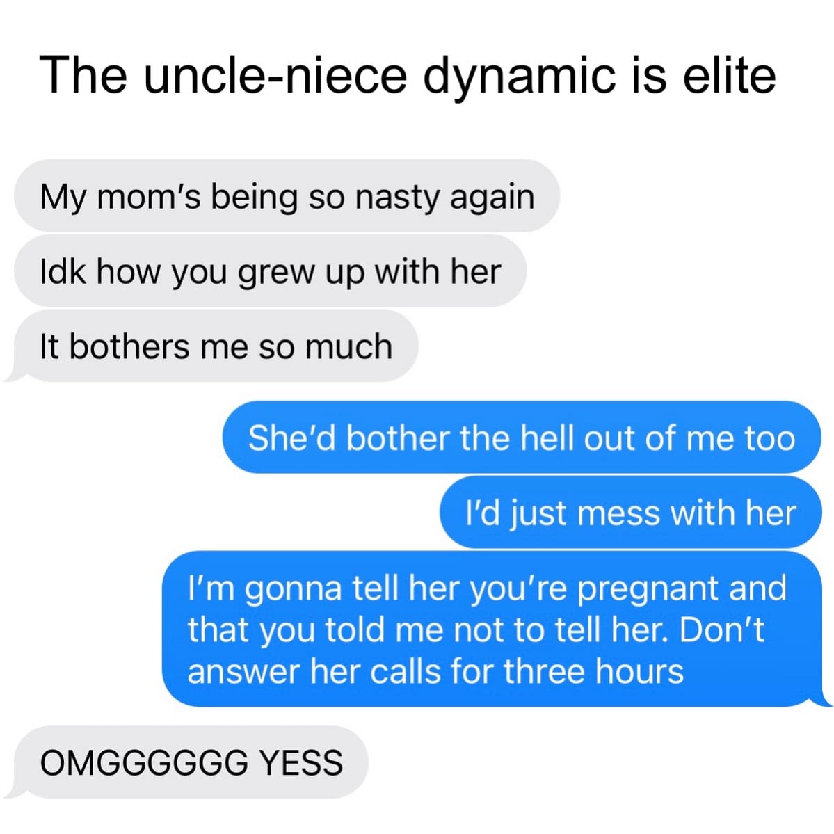 A funny meme text exchange showing an "elite" uncle-niece dynamic, plotting to create family chaos