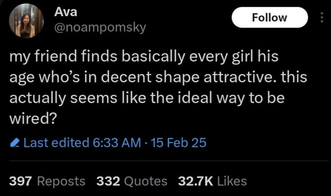 A funny meme and viral tweet joking that a man who is attracted to all women in decent shape is "ideal."