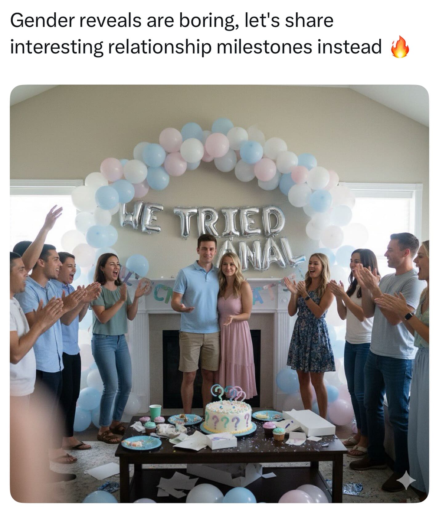 A hilarious meme of a couple's party with balloons that spell out "WE TRIED AN*L."
