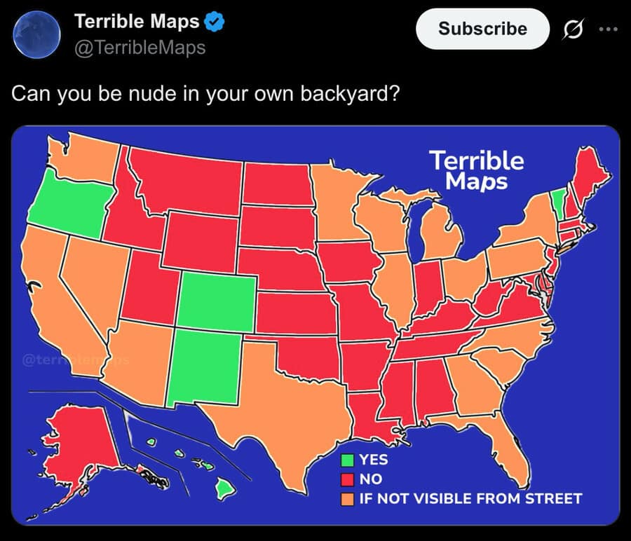 A funny meme from "Terrible Maps" showing a US map of where it's legal to be "nude in your own backyard."