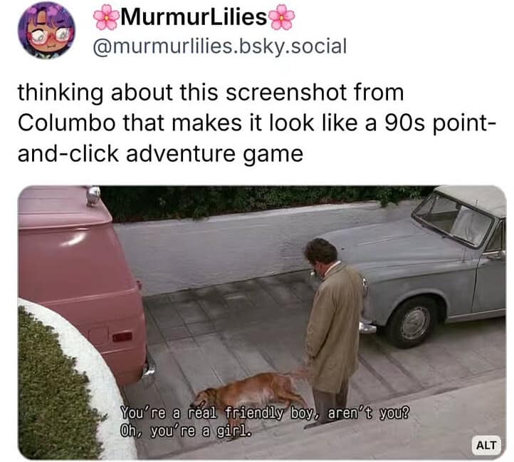 A funny meme and viral tweet pointing out that a Columbo screenshot looks exactly like a "90s point-and-click adventure game."