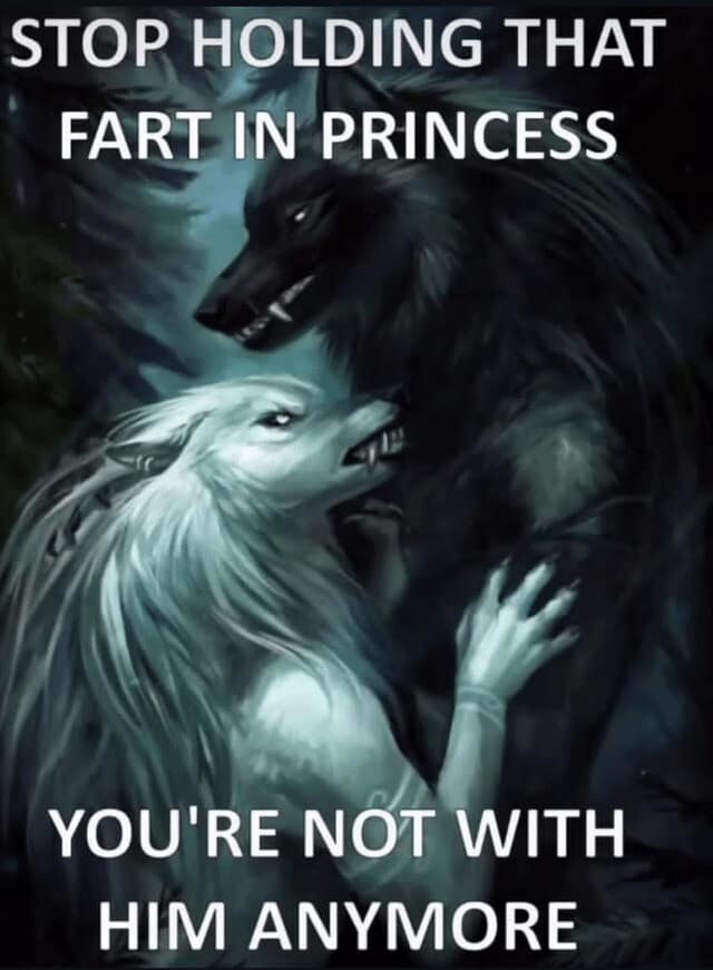 A hilarious meme of two wolves captioned "Stop holding that fart in princess, you're not with him anymore."